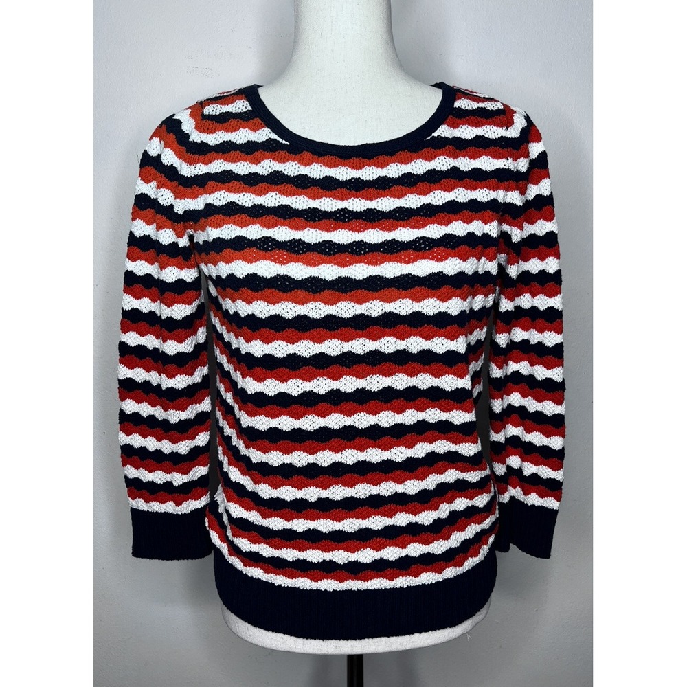 Milly New York Knit Sweater Size Medium Red White Blue Striped Long Sleeve